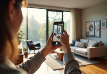 Personne utilisant un smartphone pour mesurer un salon avec réalité augmentée