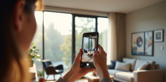 Personne utilisant un smartphone pour mesurer un salon avec réalité augmentée