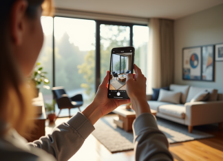 Personne utilisant un smartphone pour mesurer un salon avec réalité augmentée