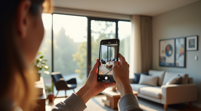 Personne utilisant un smartphone pour mesurer un salon avec réalité augmentée