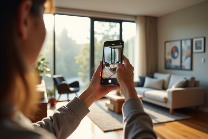 mesure-avec-smartphone-salon Personne utilisant un smartphone pour mesurer un salon avec réalité augmentée