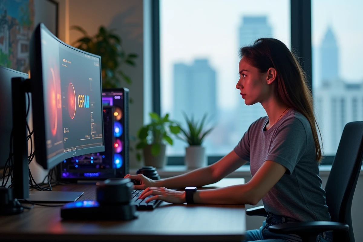 Femme surveillant la temp&eacute;rature GPU sur un &eacute;cran