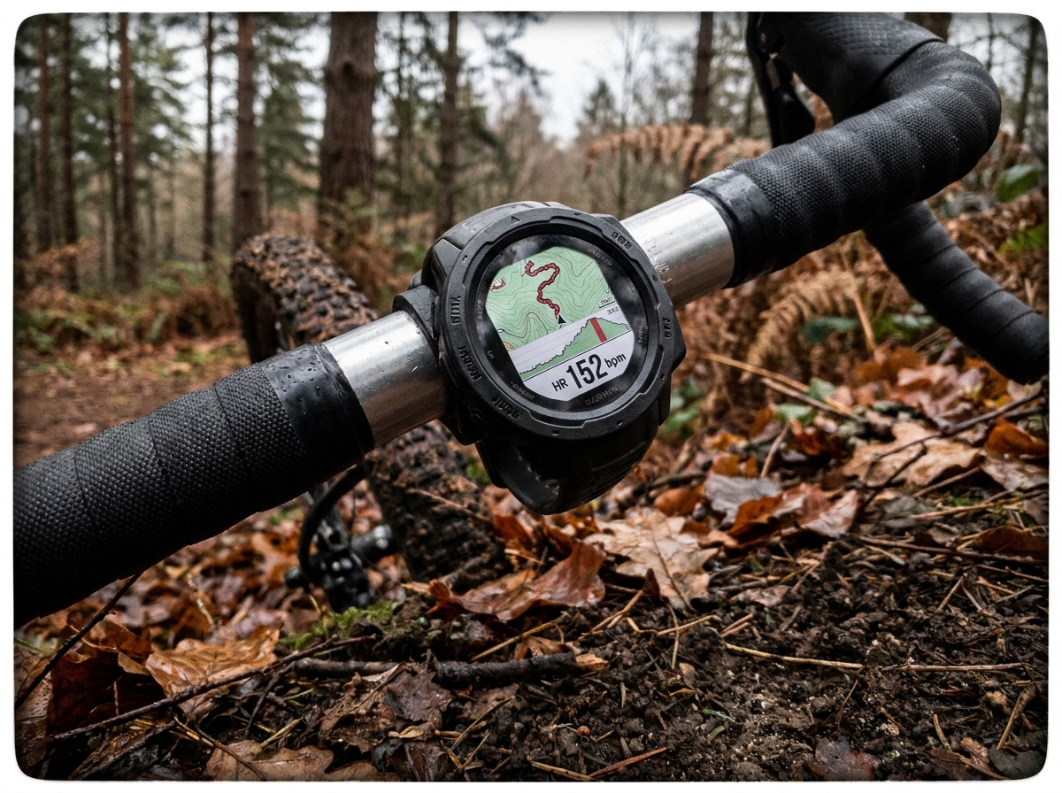 Montre GPS cyclisme fixée au guidon affichant une carte de parcours et les données de performance