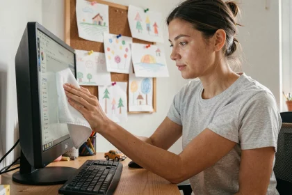 Mère nettoyant l'écran d'ordinateur avec un chiffon microfibre dans un bureau à domicile familial