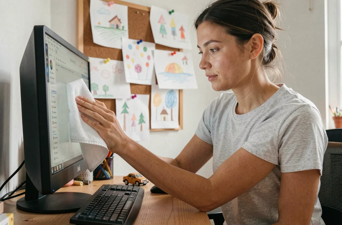 Mère nettoyant l'écran d'ordinateur avec un chiffon microfibre dans un bureau à domicile familial