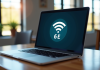 Ordinateur portable affichant les réseaux WiFi 6E sur un bureau lumineux