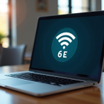 Ordinateur portable affichant les réseaux WiFi 6E sur un bureau lumineux