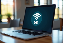 Ordinateur portable affichant les réseaux WiFi 6E sur un bureau lumineux