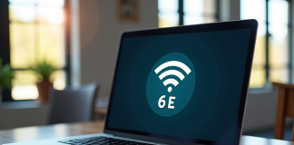 Ordinateur portable affichant les réseaux WiFi 6E sur un bureau lumineux