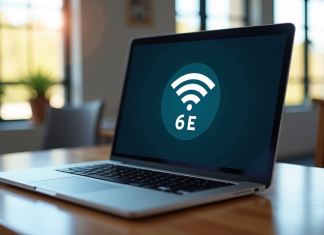 Ordinateur portable affichant les réseaux WiFi 6E sur un bureau lumineux