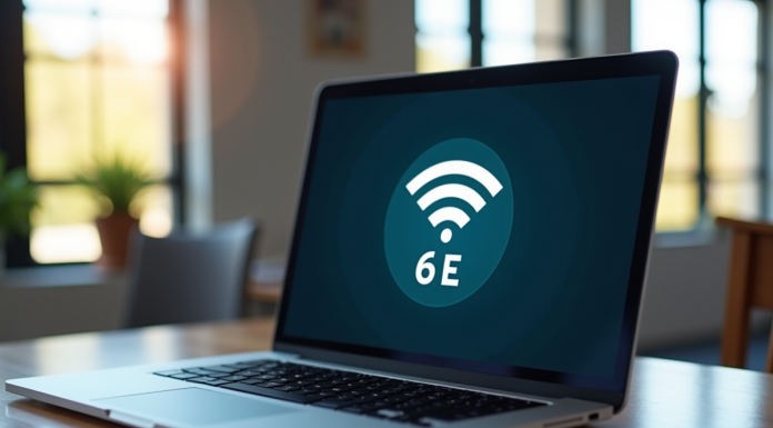 Ordinateur portable affichant les réseaux WiFi 6E sur un bureau lumineux