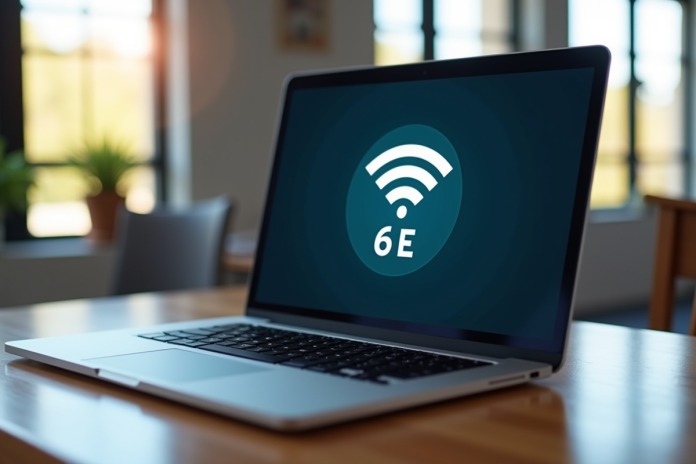 ordinateur-portable-wifi-6e Ordinateur portable affichant les réseaux WiFi 6E sur un bureau lumineux