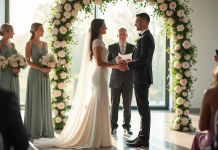 Deux organisateurs de mariage élégants dans une salle lumineuse