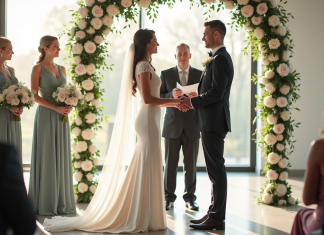 Deux organisateurs de mariage élégants dans une salle lumineuse