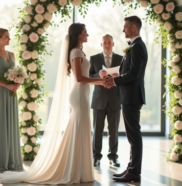 Deux organisateurs de mariage élégants dans une salle lumineuse