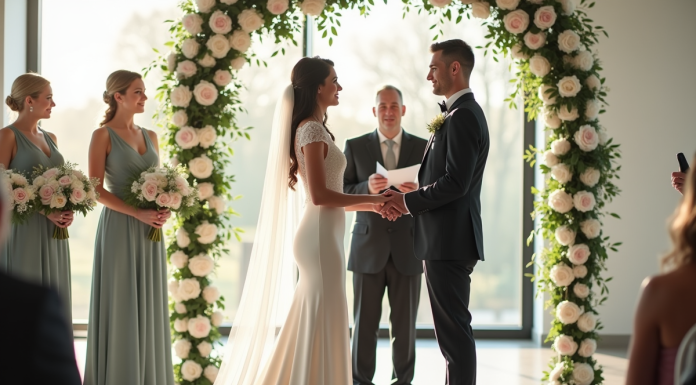 Deux organisateurs de mariage élégants dans une salle lumineuse