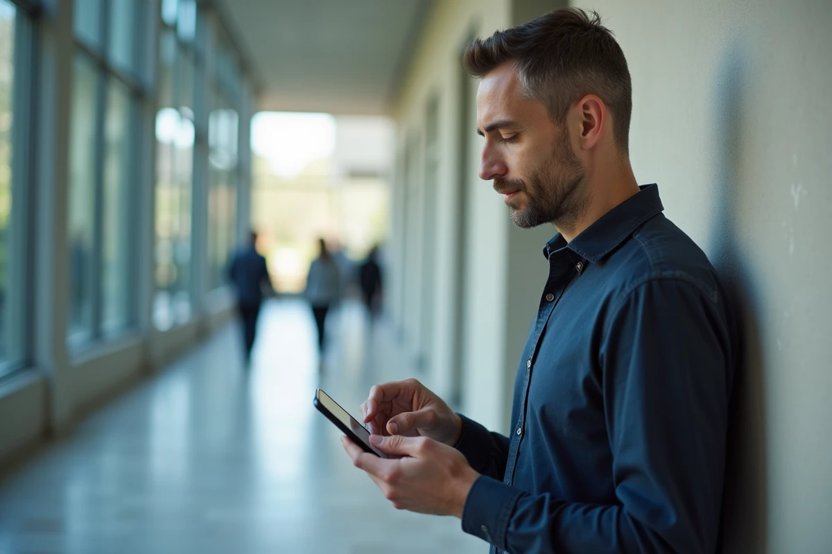 Homme paramétrant un compte email professionnel sur iPhone iOS dans un couloir universitaire