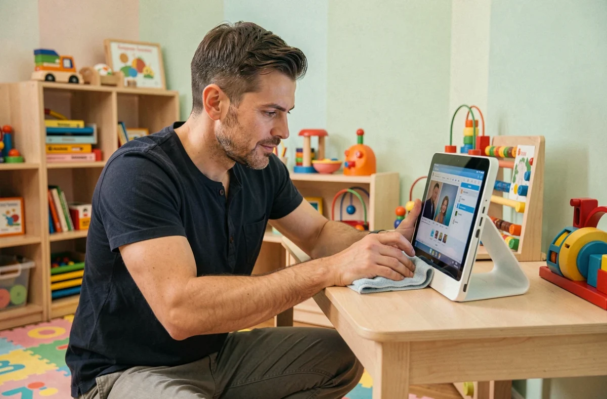 Père nettoyant l'écran d'un ordinateur dans une salle de jeux pour enfants avec chiffon microfibre