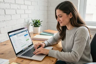 Femme personnalisant les notifications de son webmail Rennes sur un ordinateur portable dans un bureau à domicile