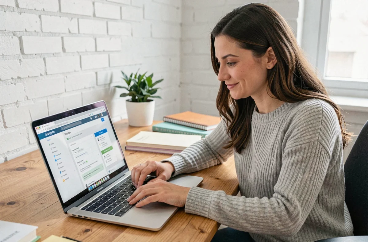 Femme personnalisant les notifications de son webmail Rennes sur un ordinateur portable dans un bureau à domicile