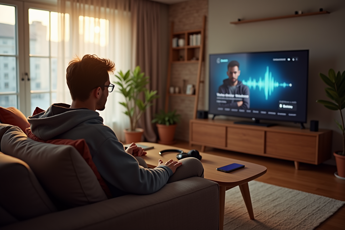 Personne se relaxant regardant un replay de podcast à la maison