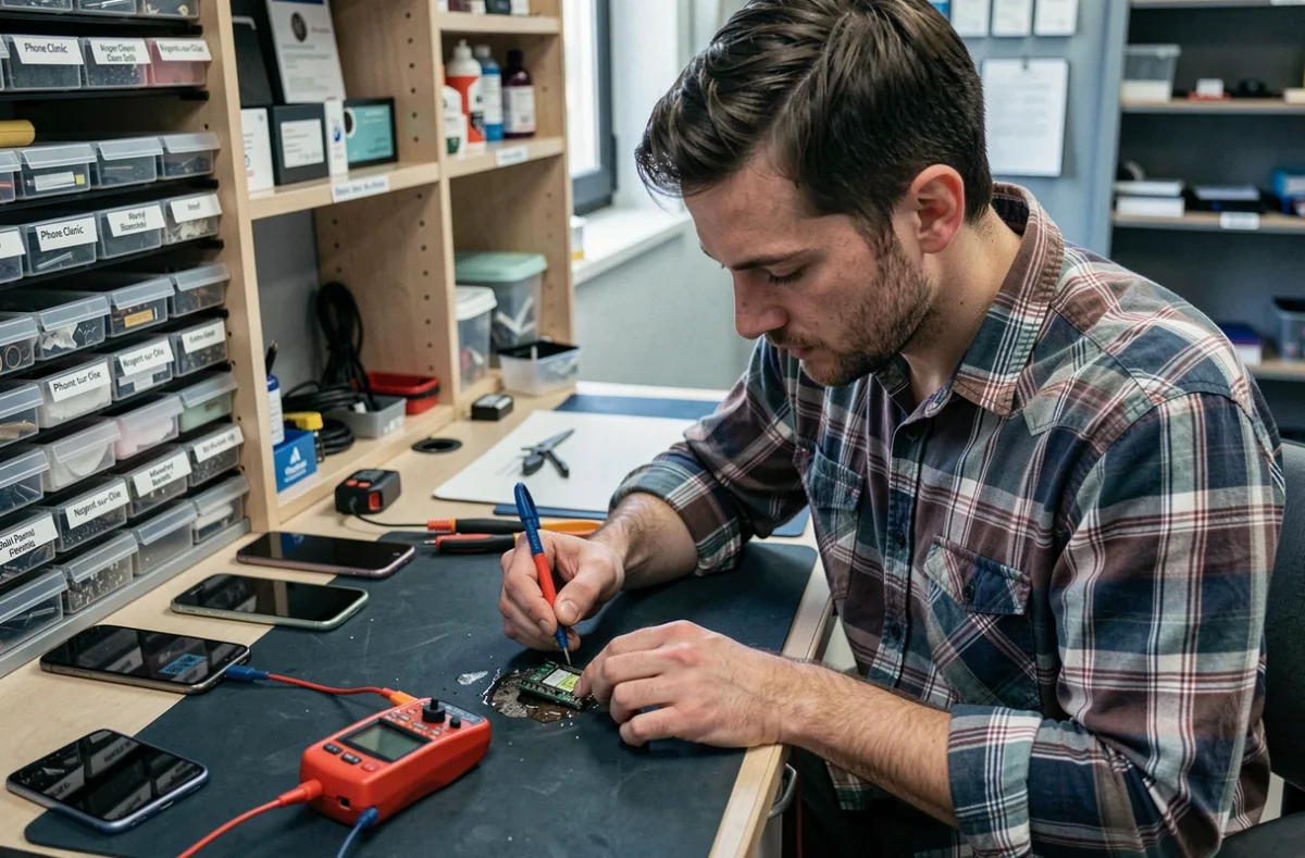 Technicien Phone Clinic Nogent-sur-Oise diagnostiquant un smartphone endommagé par l'eau à l'aide d'un multimètre dans son atelier