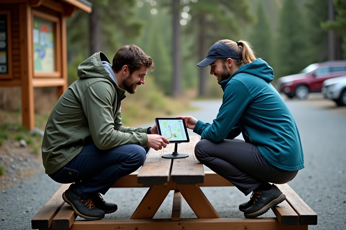 Deux randonneurs planifiant un parcours GPX personnalisé sur tablette à un départ de sentier forestier