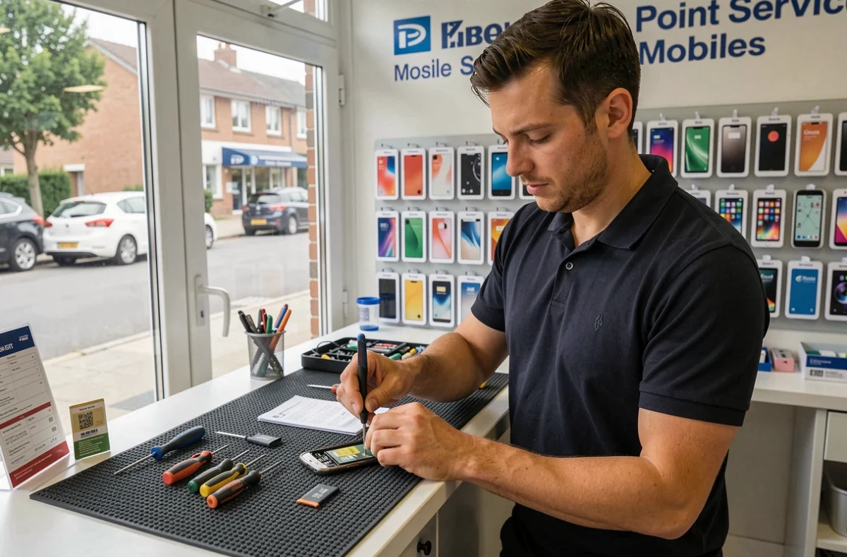 Technicien Point Service Mobiles Creil remplaçant une batterie de smartphone avec des outils de précision au comptoir de la boutique