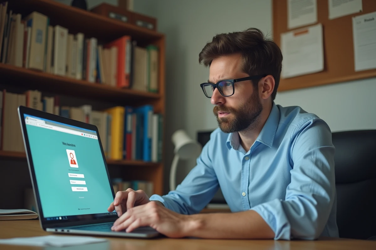 Administrateur scolaire frustré face à un écran d'erreur de connexion webmail dans un bureau d'école publique française