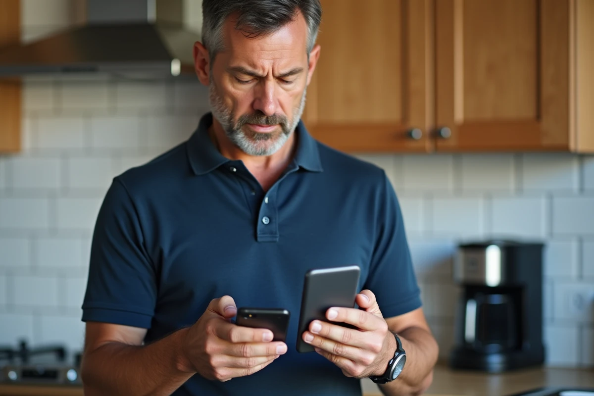 Homme consultant un problème d'inscription Yahoo Mail sur son smartphone dans une cuisine
