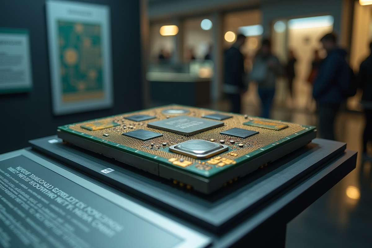 Gros plan sur le processeur ancien en vitrine dans un musée moderne