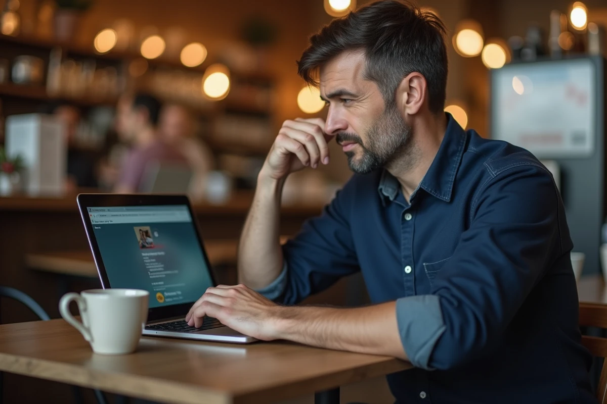 Homme perplexe face à une erreur de profil introuvable sur Instagram depuis un ordinateur portable dans un café