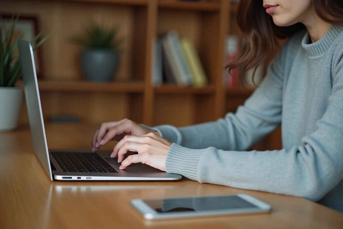 Femme utilisant un raccourci clavier pour taper un È majuscule accentué sur un ordinateur portable