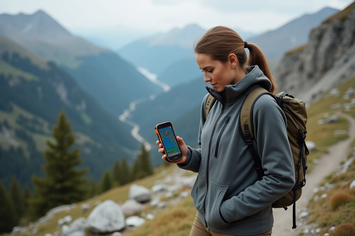 Randonneuse consultant un tracé GPX sur GPS portable en montagne sur sentier alpin