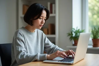 Femme ajustant les réglages de langue et de localisation sur un MacBook Pro dans un bureau à domicile moderne