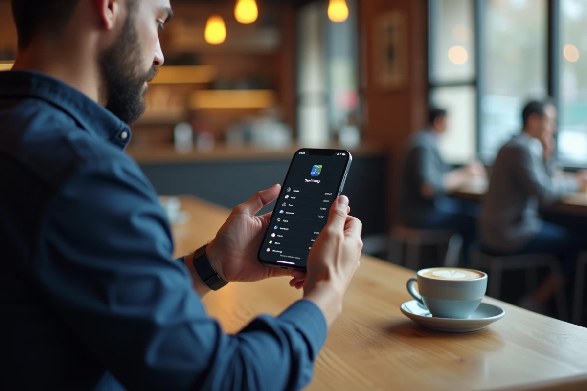Homme consultant les réglages de localisation iPhone dans un café urbain, paramètres de région visibles sur l'écran