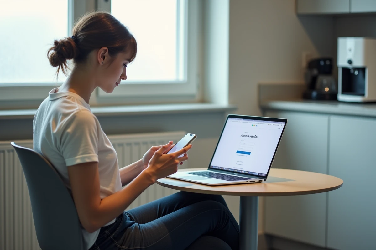 Jeune femme utilisant son smartphone et un ordinateur portable pour réinitialiser son mot de passe de messagerie académique