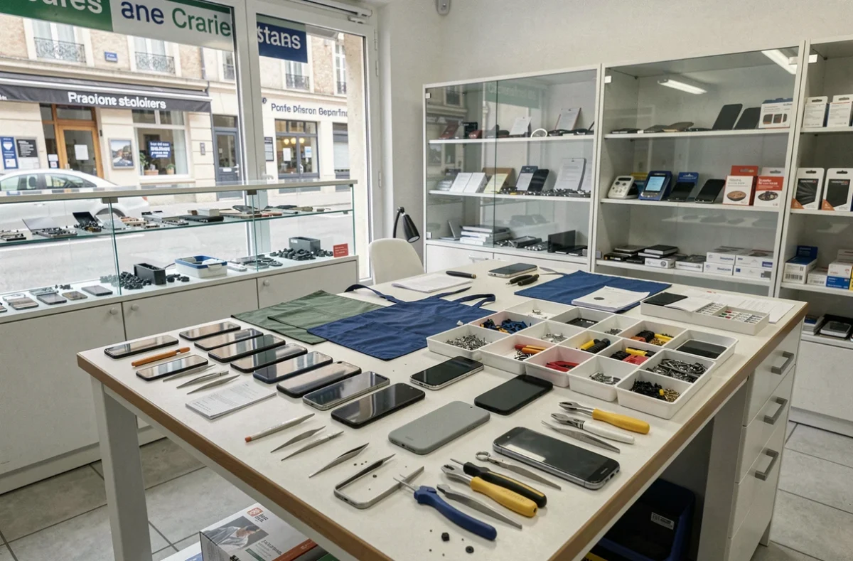 Atelier de réparation de smartphones dans l'Oise avec outils de précision et téléphones démontés sur un établi professionnel