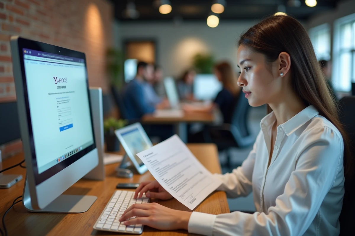 Jeune femme résolvant un problème de création de boite mail Yahoo dans un espace de coworking