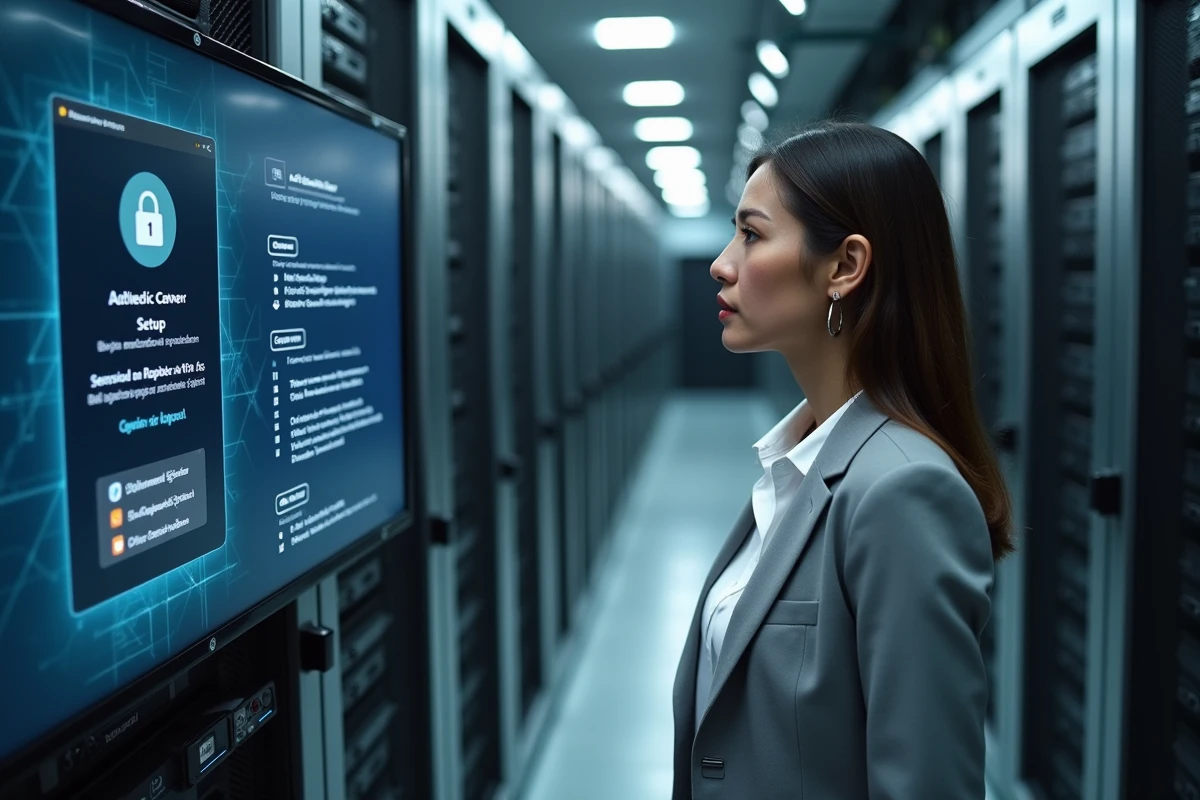 Responsable sécurité informatique vérifiant l'authentification à deux facteurs sur un outil de support à distance dans une salle serveur