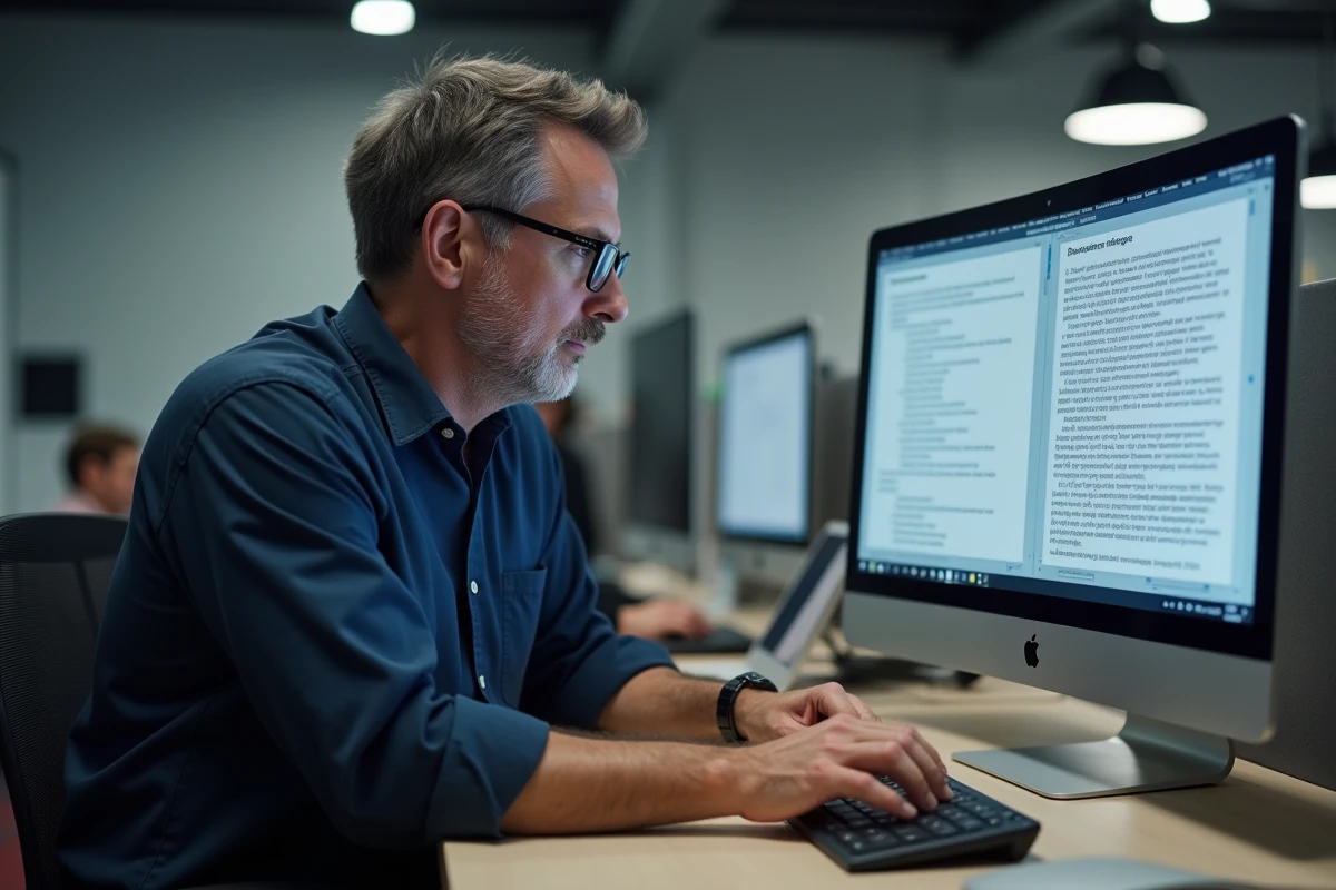Homme en bureau professionnel tapant un È majuscule accentué sur un clavier mécanique devant un document Word