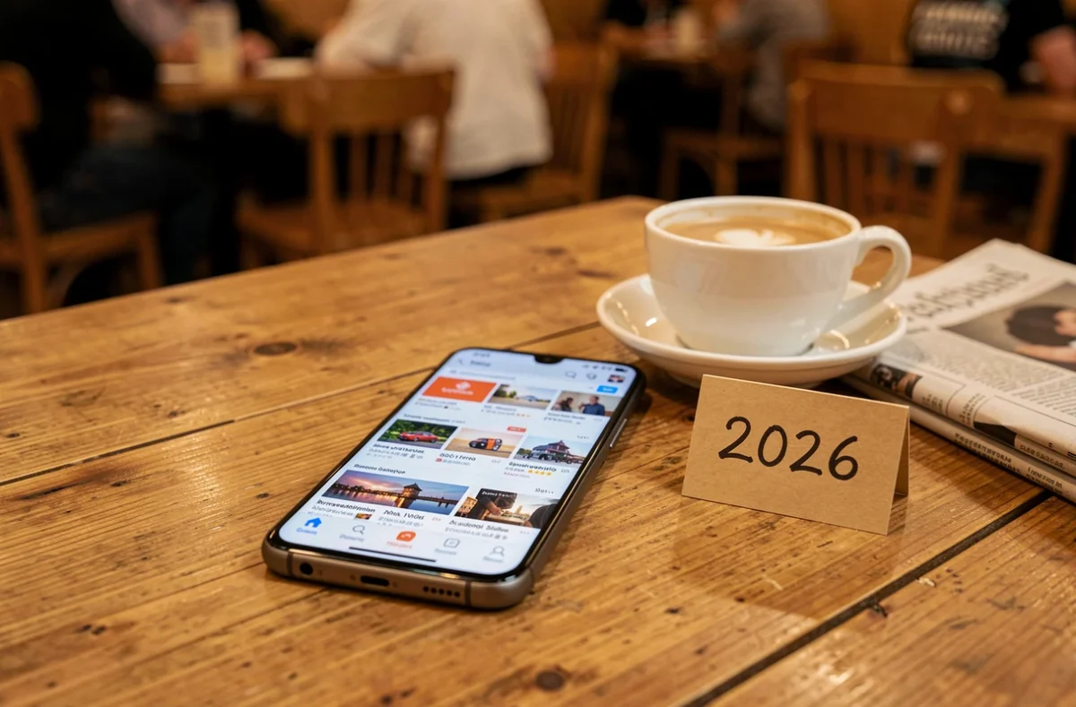 Samsung Galaxy A51 posé sur une table en bois avec une étiquette de prix de revente dans un café en 2026