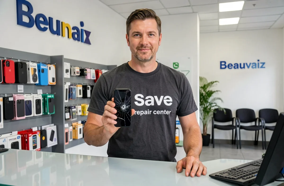 Technicien du centre Save Beauvais présentant un smartphone au dos brisé dans la boutique de réparation multimarque