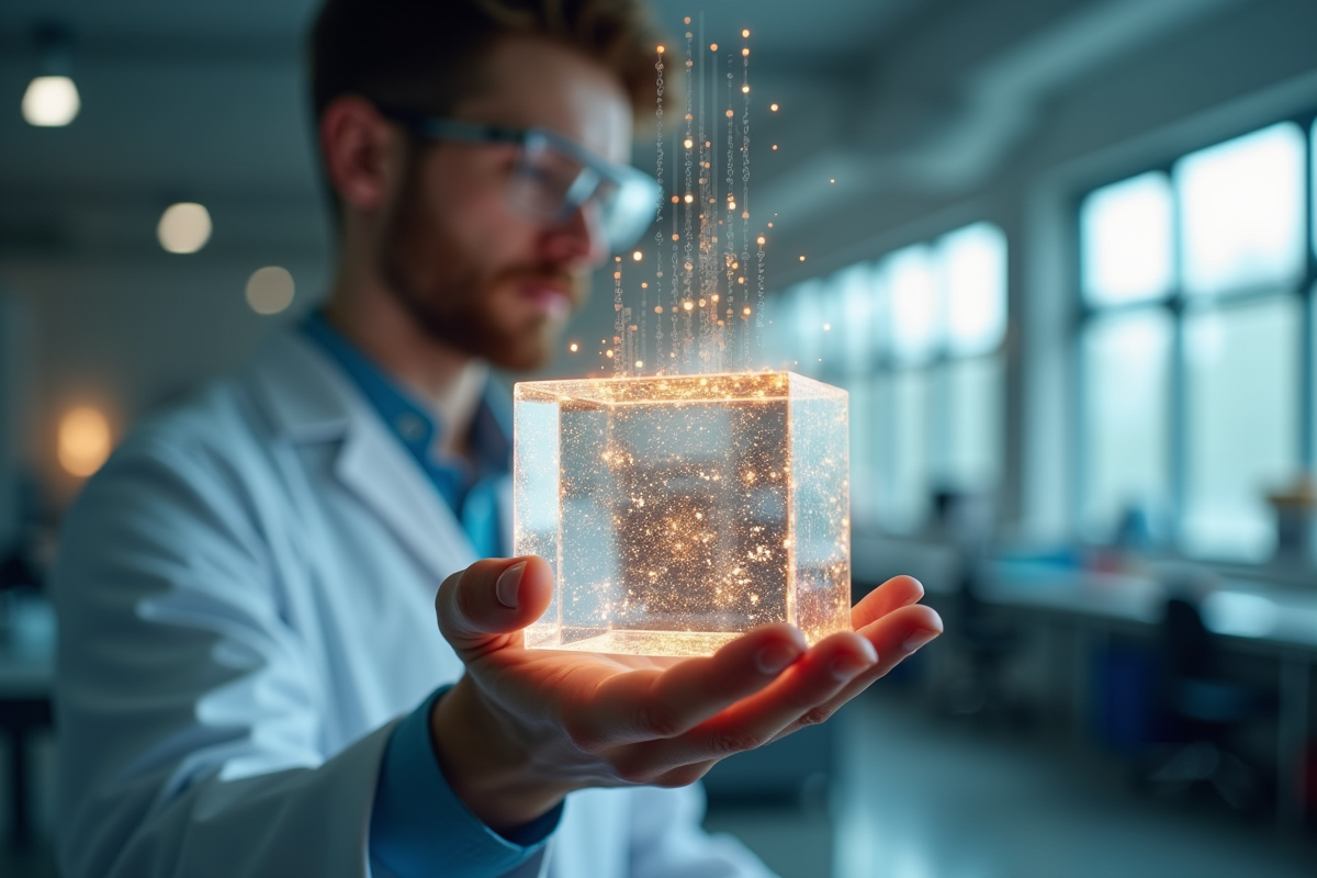 Scientifique tenant un cube avec circuits lumineux dans laboratoire