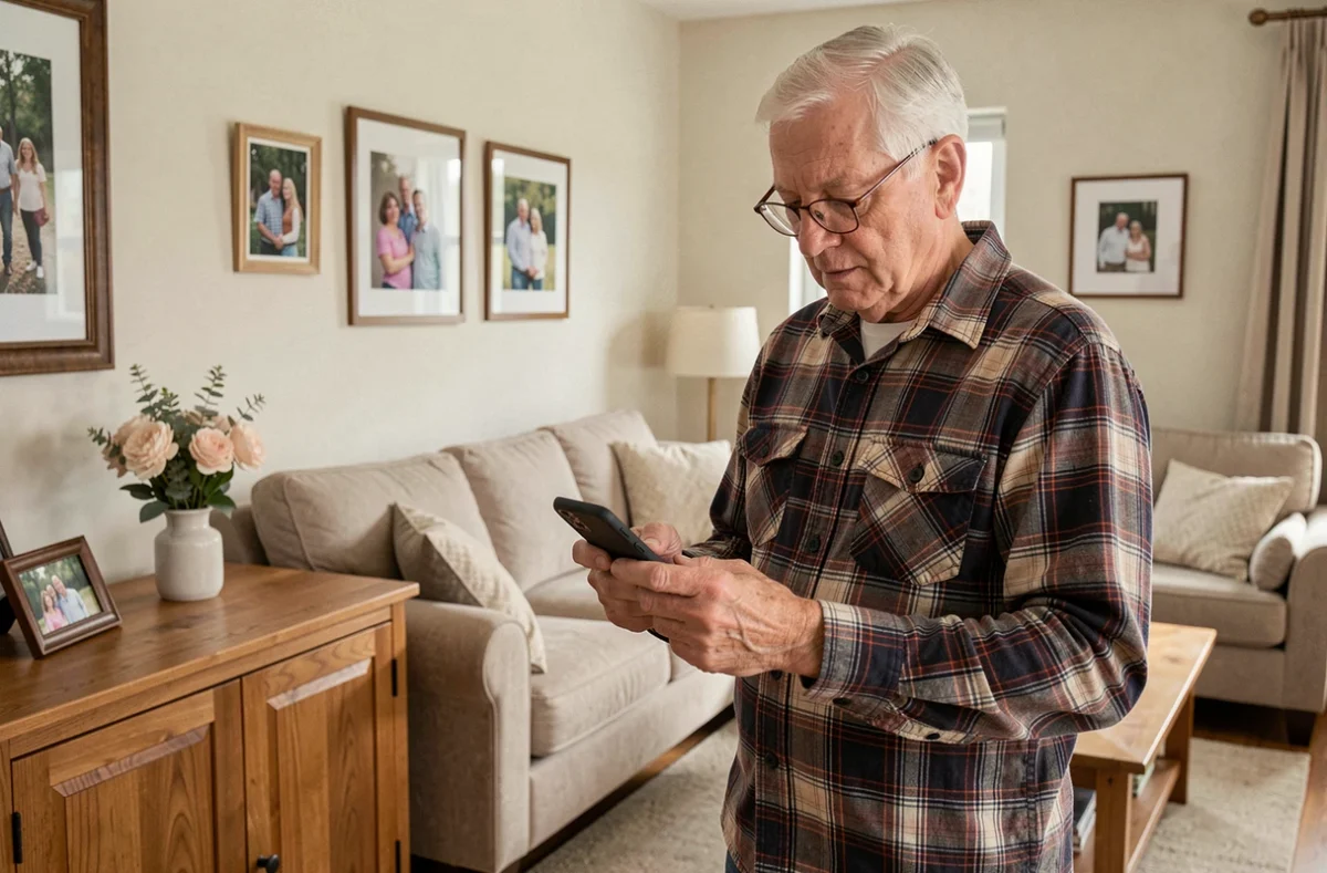 Senior lisant ses emails Orange sur smartphone dans un salon confortable