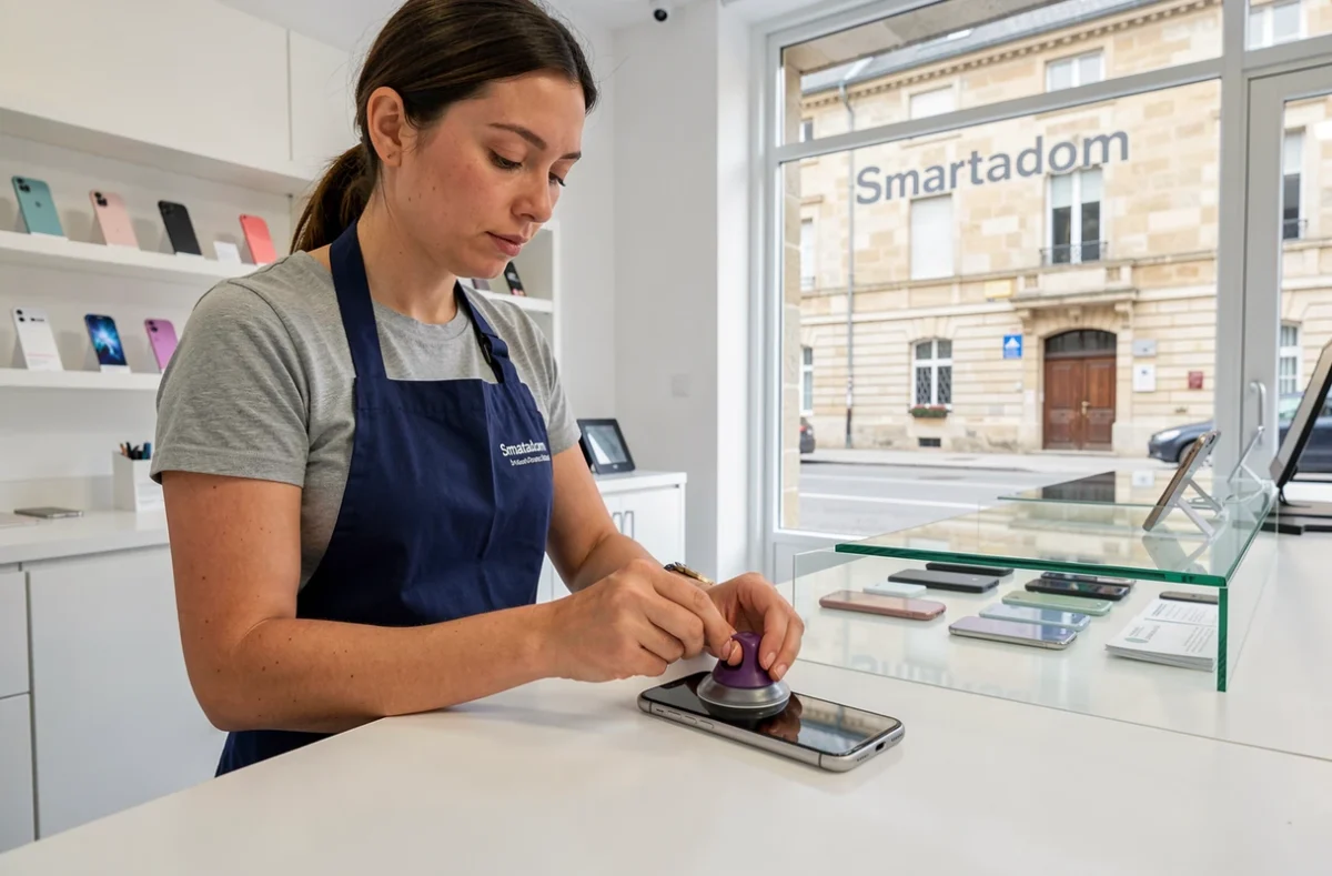 Technicienne Smartadom utilisant une ventouse pour ouvrir un smartphone dans la boutique de réparation à Senlis