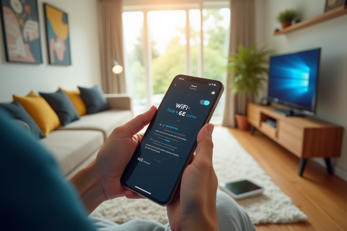 Main tenant un smartphone avec menu WiFi 6E dans un salon moderne