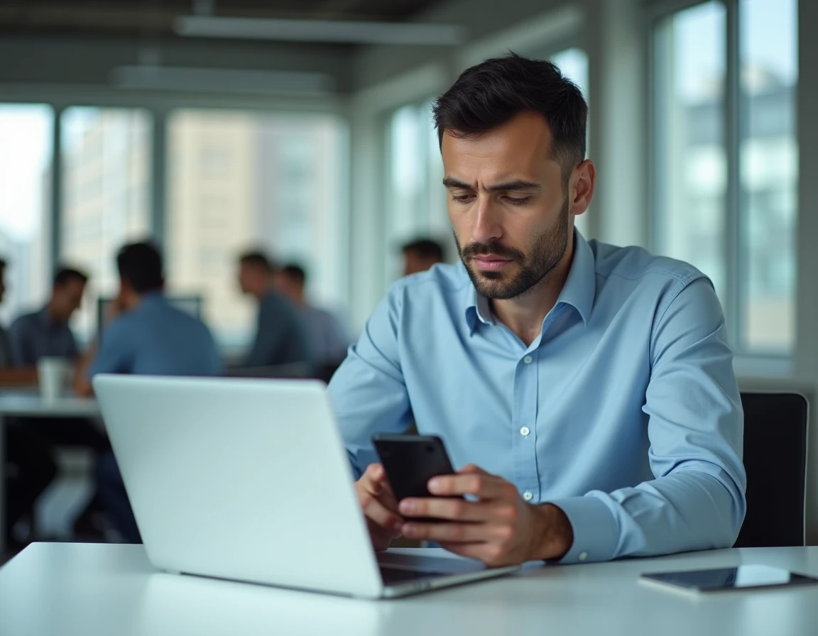 Homme au bureau envoyant un SMS avec numéro masqué depuis son forfait mobile sur son smartphone