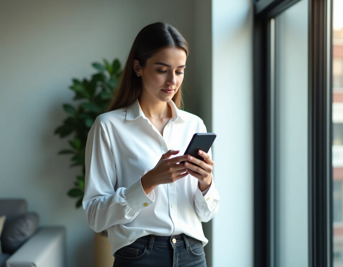 Femme utilisant son smartphone près d'une fenêtre pour masquer son numéro lors de l'envoi d'un SMS
