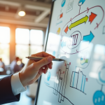 Expert en marketing digital écrivant des stratégies SEO sur un tableau blanc